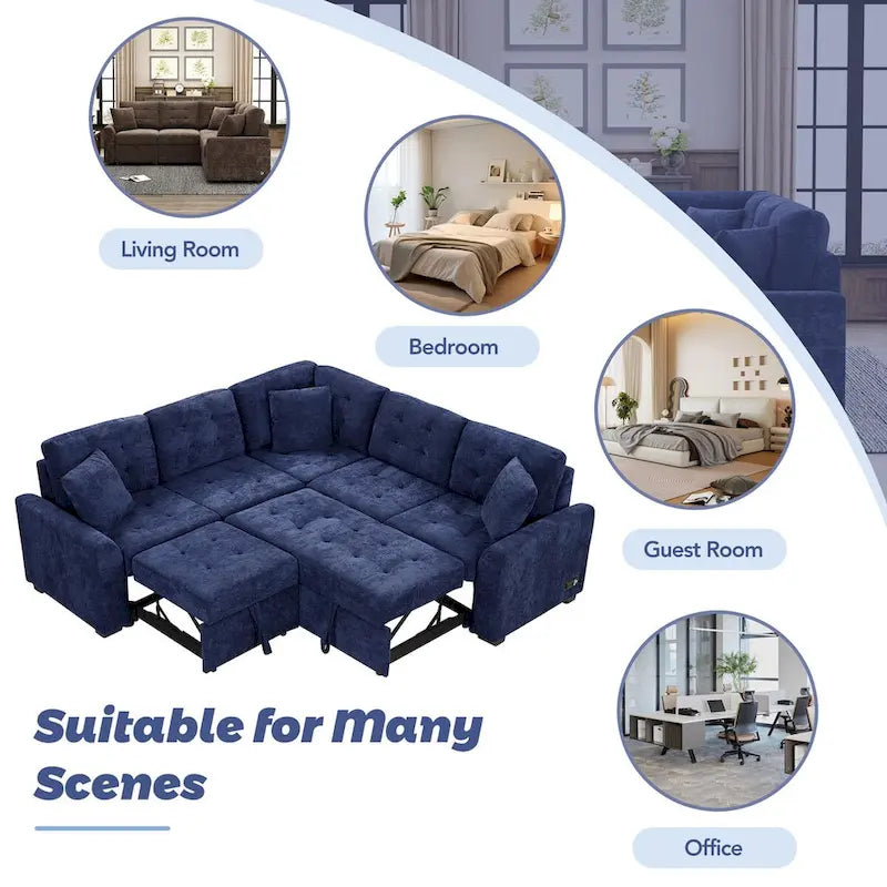 82.6-inch L-shaped Pull-out Sleeper Sofa with Wheels, USB Ports, Power Sockets - 82.6W x 82.6D x 33H 18