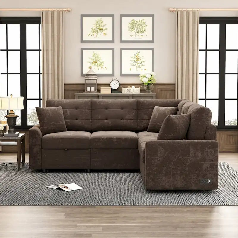 82.6-inch L-shaped Pull-out Sleeper Sofa with Wheels, USB Ports, Power Sockets - 82.6W x 82.6D x 33H 33