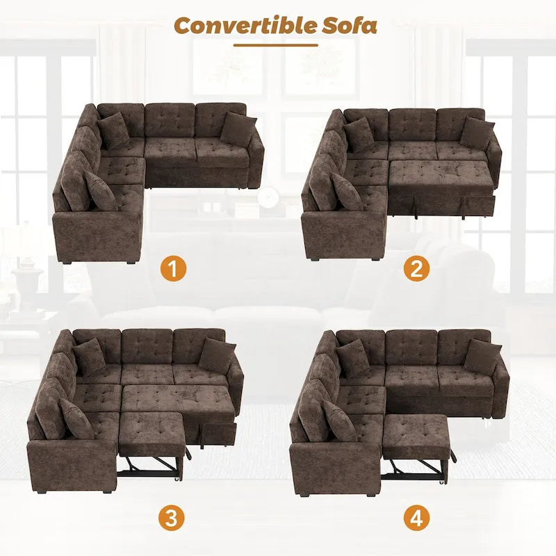 82.6-inch L-shaped Pull-out Sleeper Sofa with Wheels, USB Ports, Power Sockets - 82.6W x 82.6D x 33H 34