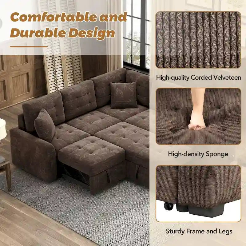 82.6-inch L-shaped Pull-out Sleeper Sofa with Wheels, USB Ports, Power Sockets - 82.6W x 82.6D x 33H 35