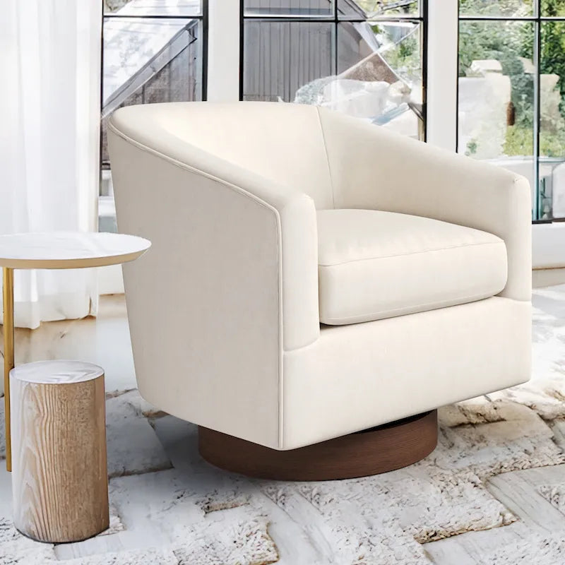 LUE BONA Modern Living Room Armchair Upholstered Wooden Barrel Swivel Accent Chair 8