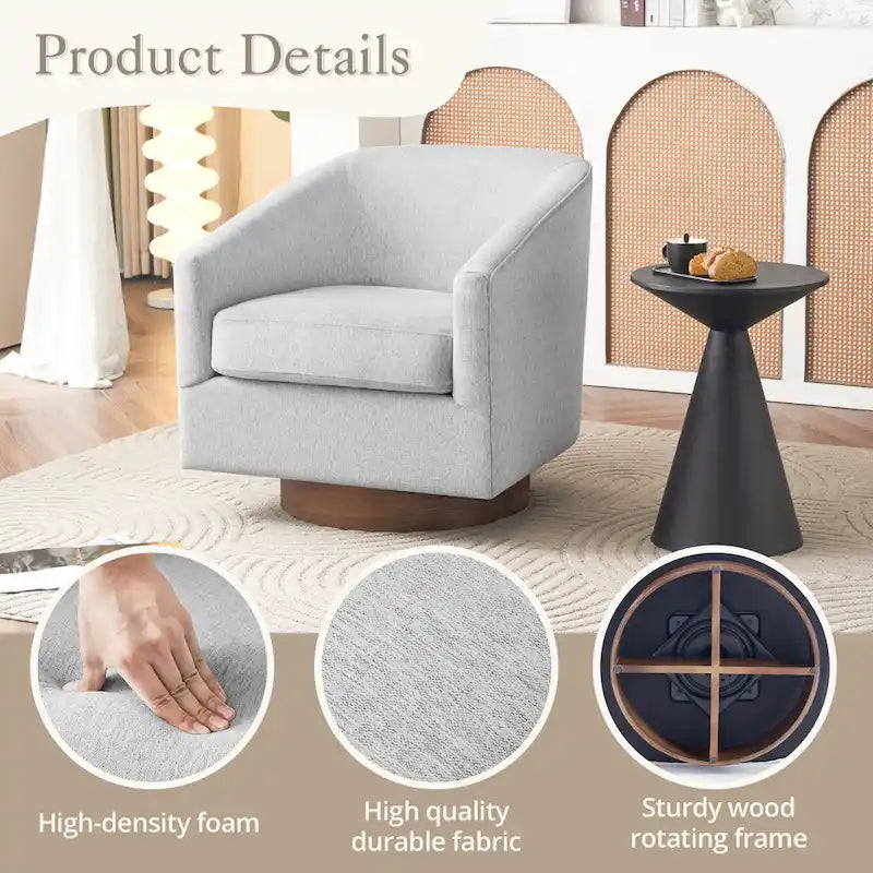 LUE BONA Modern Living Room Armchair Upholstered Wooden Barrel Swivel Accent Chair 19