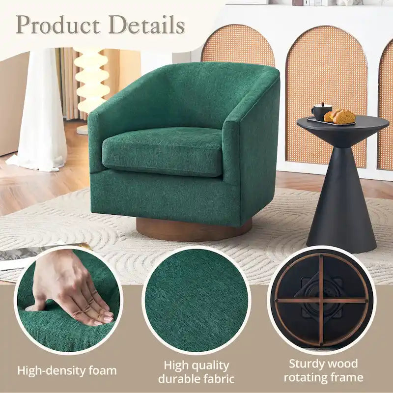 LUE BONA Modern Living Room Armchair Upholstered Wooden Barrel Swivel Accent Chair 26