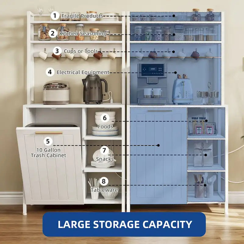 Moasis 6 Tier Kitchen Bakers Rack with Storage Shelves, Kitchen Organizer with Trash Can Bin Cabinet 3