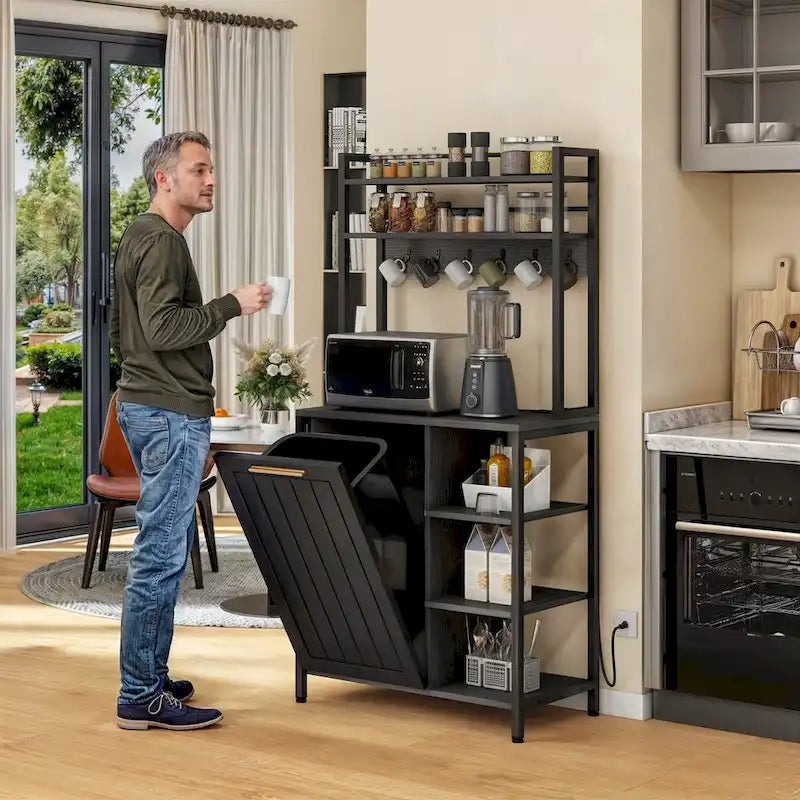 Moasis 6 Tier Kitchen Bakers Rack with Storage Shelves, Kitchen Organizer with Trash Can Bin Cabinet 11