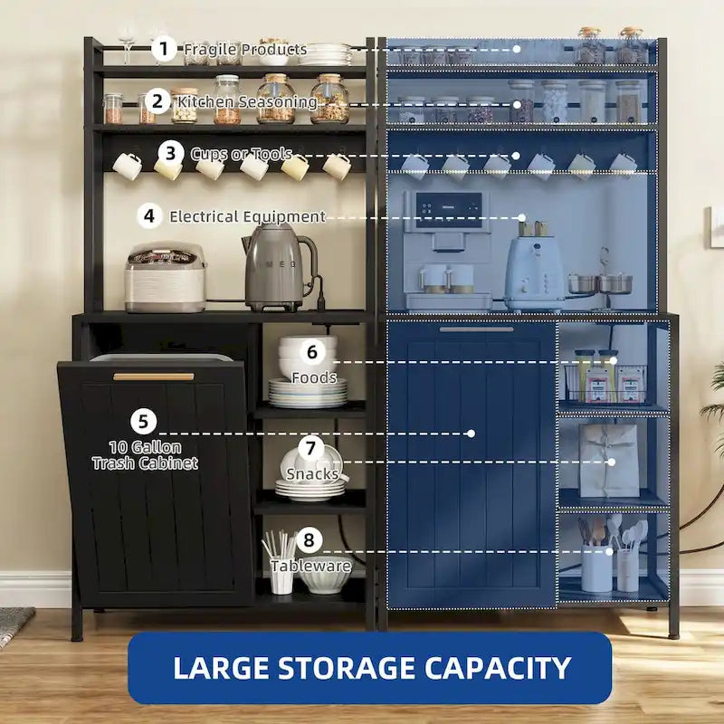 Moasis 6 Tier Kitchen Bakers Rack with Storage Shelves, Kitchen Organizer with Trash Can Bin Cabinet 12