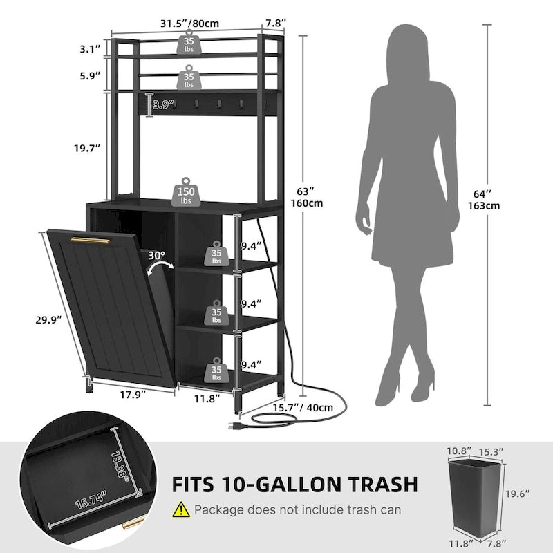 Moasis 6 Tier Kitchen Bakers Rack with Storage Shelves, Kitchen Organizer with Trash Can Bin Cabinet 16