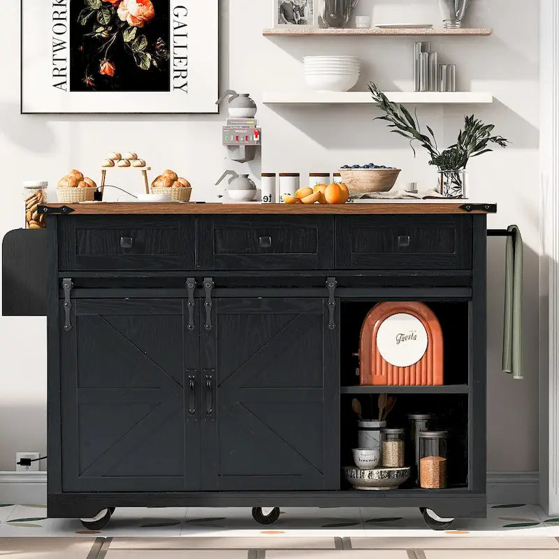 53.7 Farmhouse Kitchen Island with Power Outlet,2 Sliding Barn Door Kitchen Storage Island with Drop Leaf 22