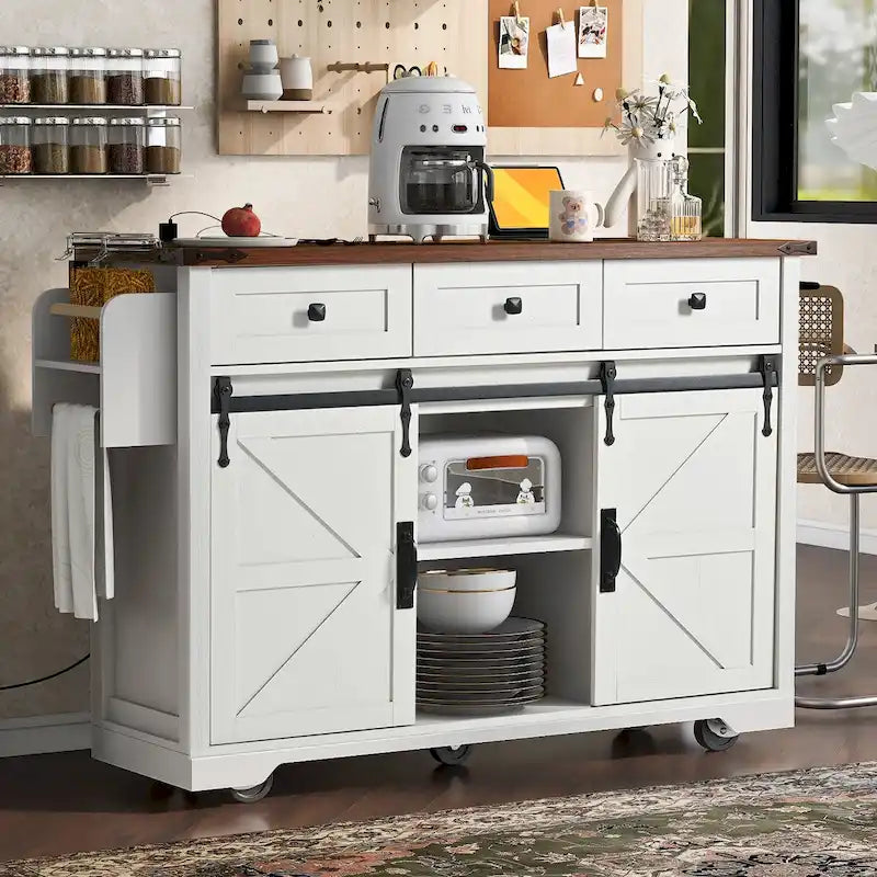 53.7 Farmhouse Kitchen Island with Power Outlet,2 Sliding Barn Door Kitchen Storage Island with Drop Leaf 23