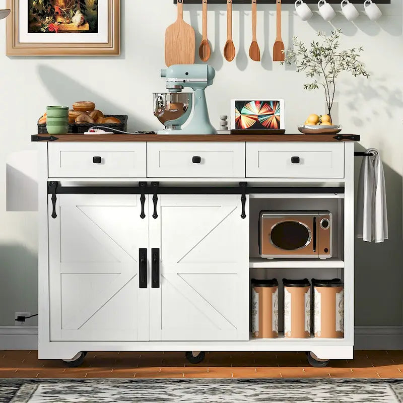 53.7 Farmhouse Kitchen Island with Power Outlet,2 Sliding Barn Door Kitchen Storage Island with Drop Leaf