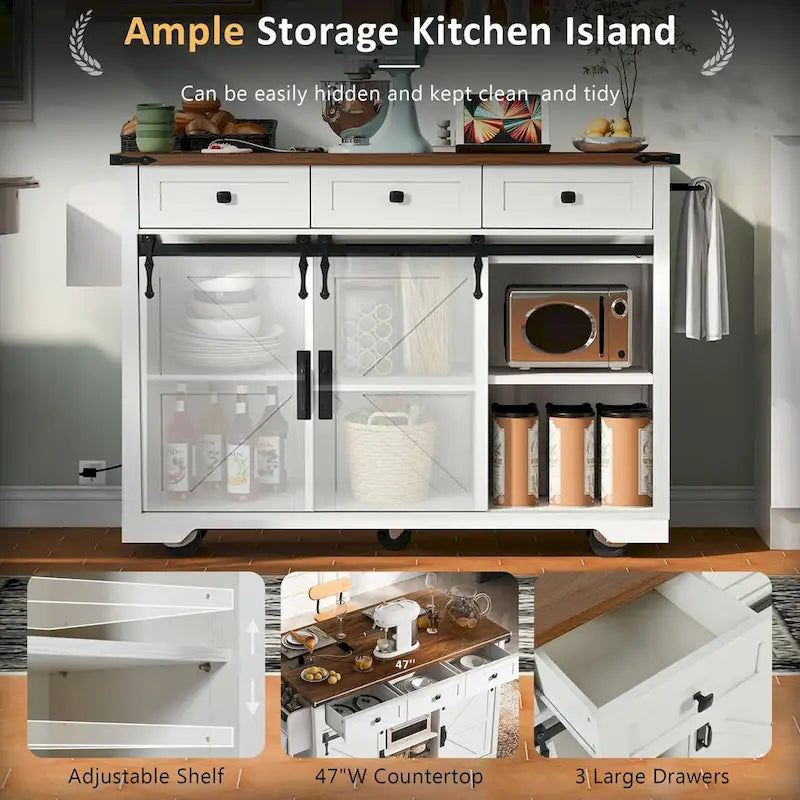 53.7 Farmhouse Kitchen Island with Power Outlet,2 Sliding Barn Door Kitchen Storage Island with Drop Leaf 4