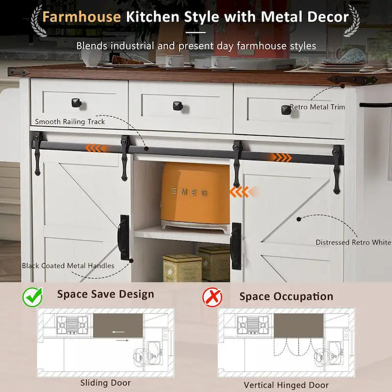 53.7 Farmhouse Kitchen Island with Power Outlet,2 Sliding Barn Door Kitchen Storage Island with Drop Leaf 6