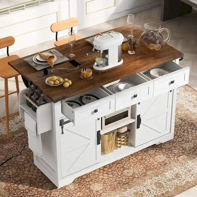 53.7 Farmhouse Kitchen Island with Power Outlet,2 Sliding Barn Door Kitchen Storage Island with Drop Leaf 7
