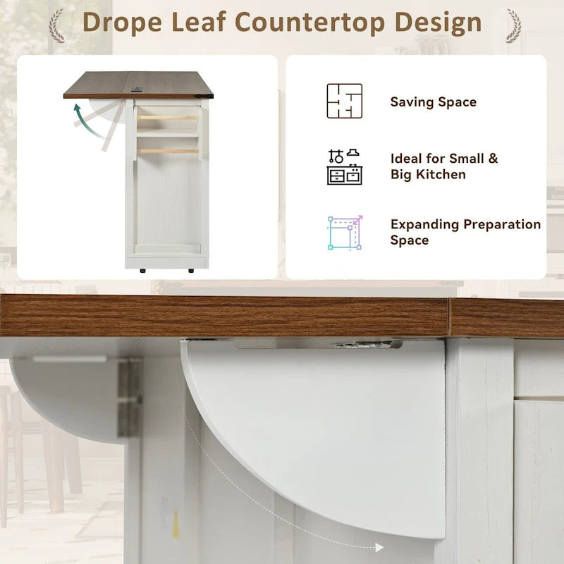 53.7 Farmhouse Kitchen Island with Power Outlet,2 Sliding Barn Door Kitchen Storage Island with Drop Leaf 10