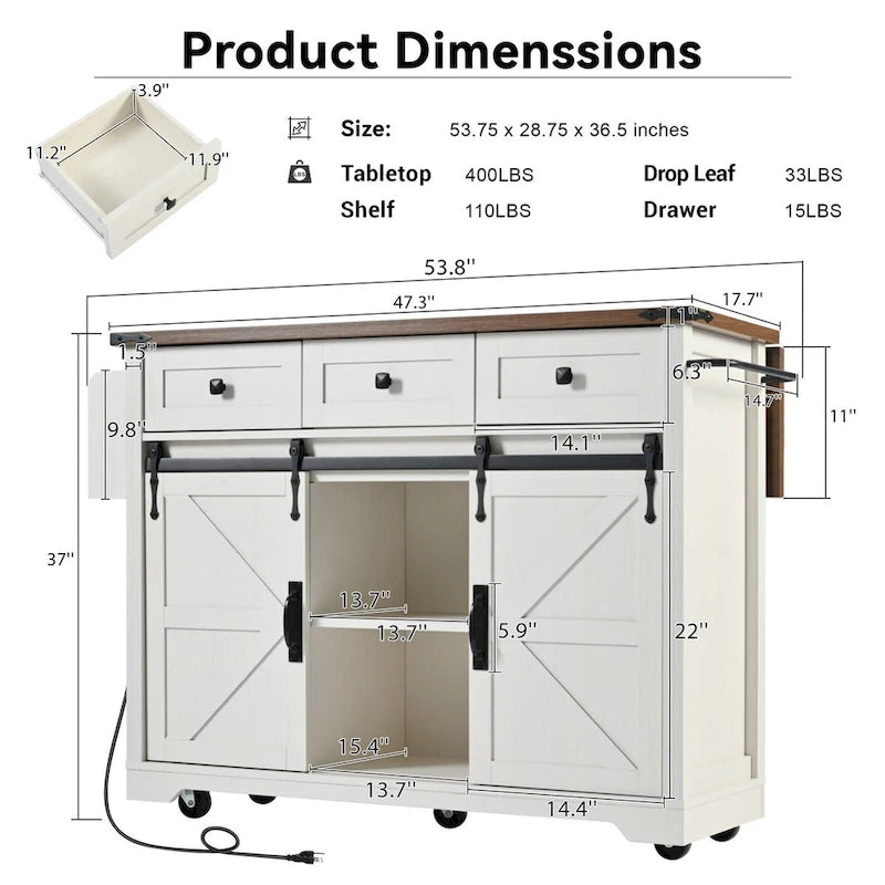 53.7 Farmhouse Kitchen Island with Power Outlet,2 Sliding Barn Door Kitchen Storage Island with Drop Leaf 11