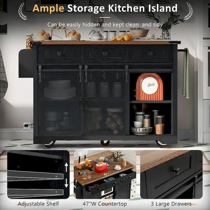 53.7 Farmhouse Kitchen Island with Power Outlet,2 Sliding Barn Door Kitchen Storage Island with Drop Leaf 13