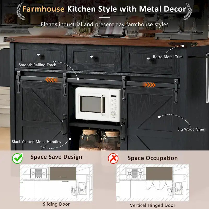 53.7 Farmhouse Kitchen Island with Power Outlet,2 Sliding Barn Door Kitchen Storage Island with Drop Leaf 16