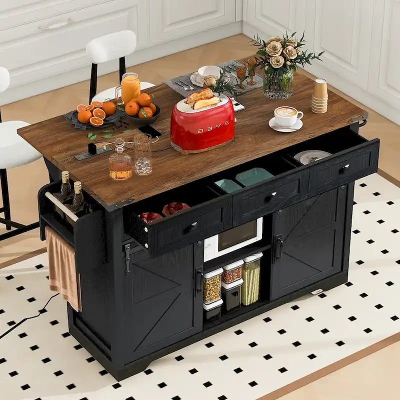 53.7 Farmhouse Kitchen Island with Power Outlet,2 Sliding Barn Door Kitchen Storage Island with Drop Leaf 17