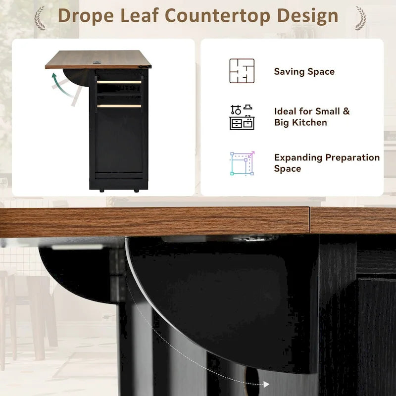 53.7 Farmhouse Kitchen Island with Power Outlet,2 Sliding Barn Door Kitchen Storage Island with Drop Leaf 20