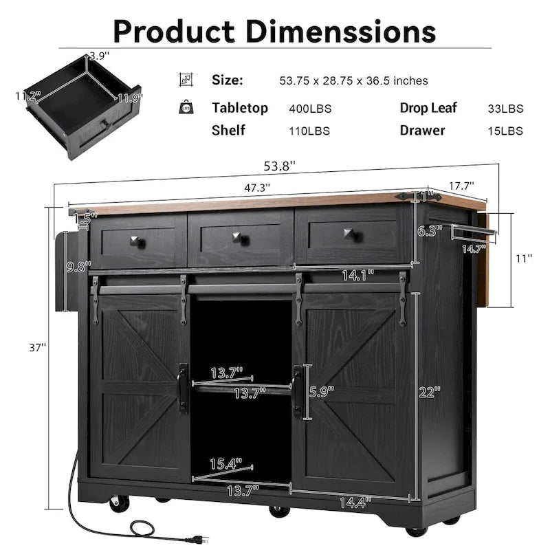 53.7 Farmhouse Kitchen Island with Power Outlet,2 Sliding Barn Door Kitchen Storage Island with Drop Leaf 21