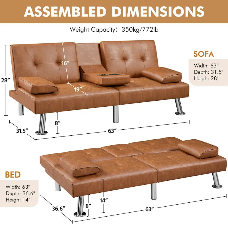 Yaheetech Faux Leather Convertible Futon Sofa Bed 3-In-1 Adjustable Futon Couch 8