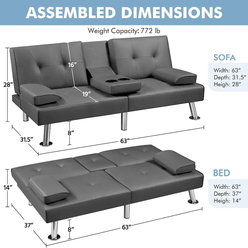 Yaheetech Faux Leather Convertible Futon Sofa Bed 3-In-1 Adjustable Futon Couch 14