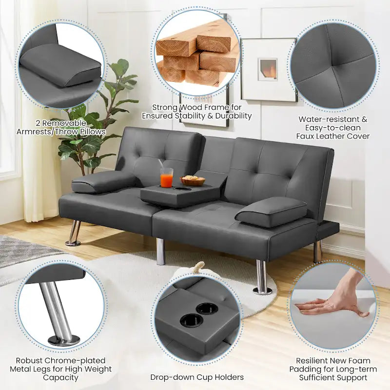 Yaheetech Faux Leather Convertible Futon Sofa Bed 3-In-1 Adjustable Futon Couch 15