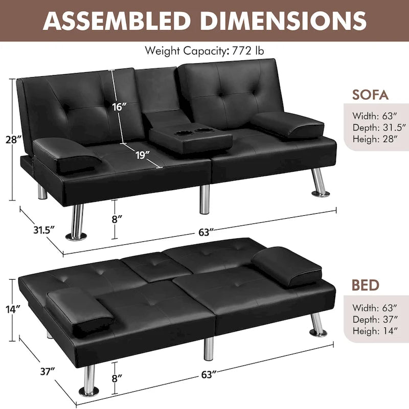 Yaheetech Faux Leather Convertible Futon Sofa Bed 3-In-1 Adjustable Futon Couch 20