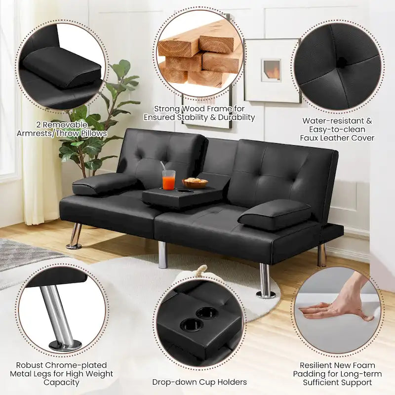 Yaheetech Faux Leather Convertible Futon Sofa Bed 3-In-1 Adjustable Futon Couch 21