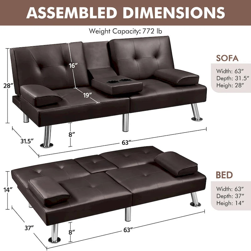 Yaheetech Faux Leather Convertible Futon Sofa Bed 3-In-1 Adjustable Futon Couch 32