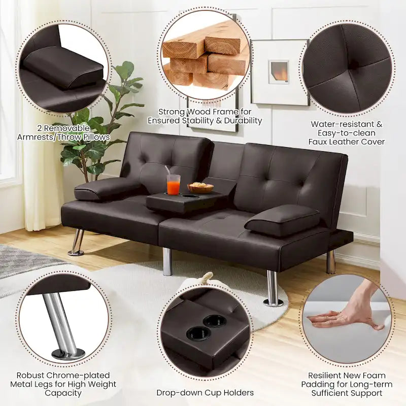 Yaheetech Faux Leather Convertible Futon Sofa Bed 3-In-1 Adjustable Futon Couch 33