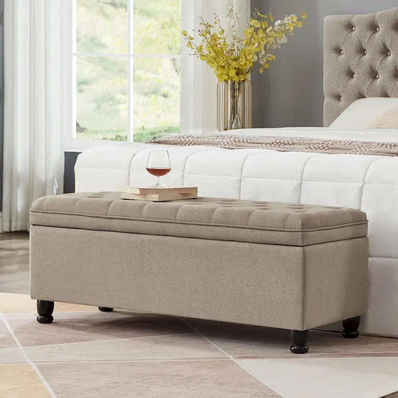 Upholstered Tufted Button Storage Bench with Spindle Wooden Legs 38