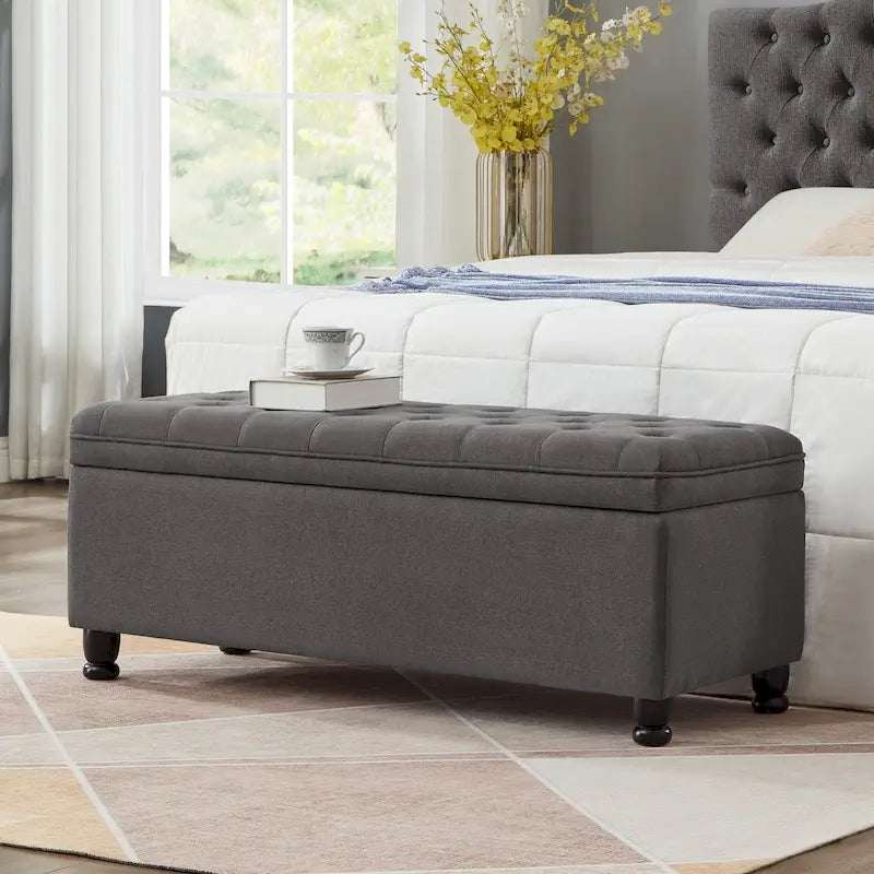 Upholstered Tufted Button Storage Bench with Spindle Wooden Legs 39