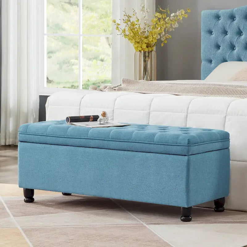Upholstered Tufted Button Storage Bench with Spindle Wooden Legs 41