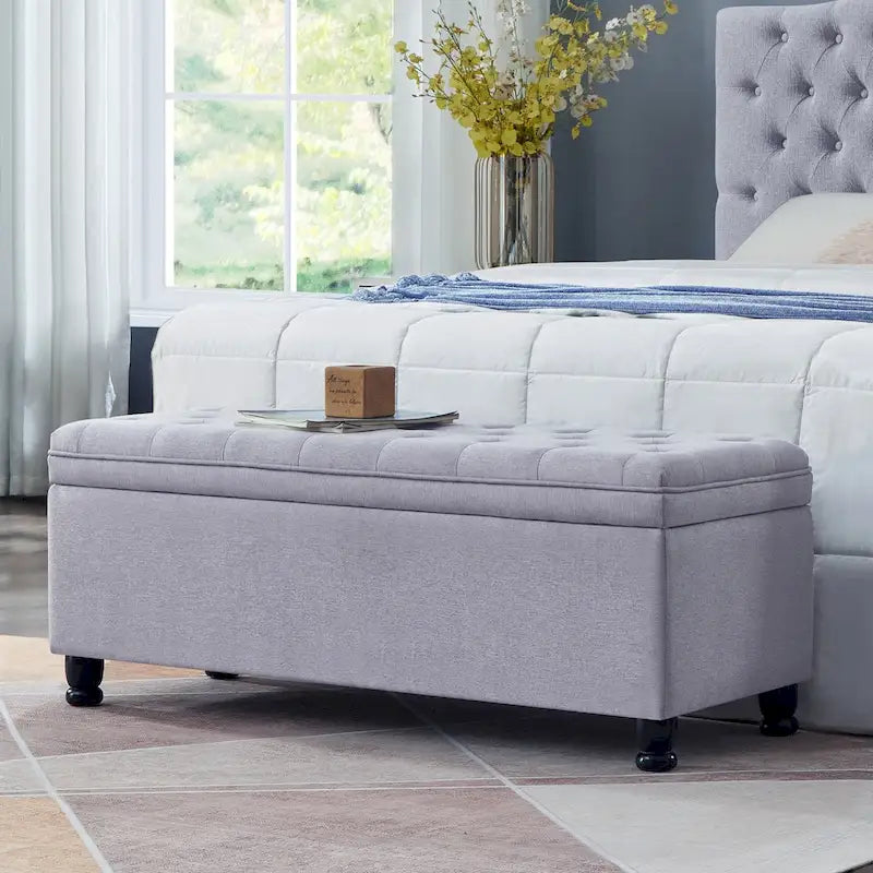 Upholstered Tufted Button Storage Bench with Spindle Wooden Legs 42