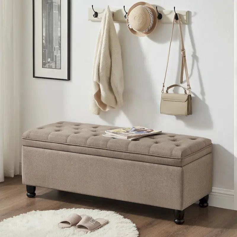 Upholstered Tufted Button Storage Bench with Spindle Wooden Legs 6