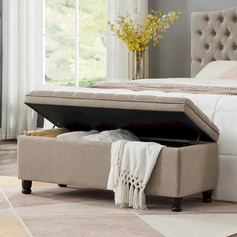 Upholstered Tufted Button Storage Bench with Spindle Wooden Legs 12