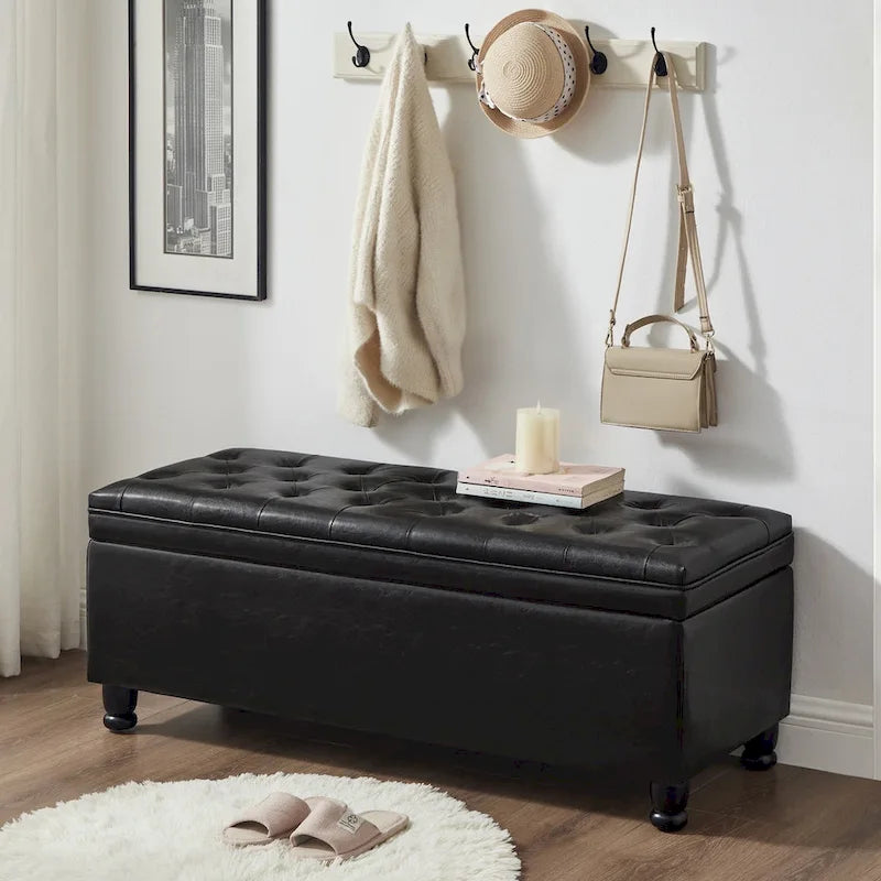 Upholstered Tufted Button Storage Bench with Spindle Wooden Legs 13