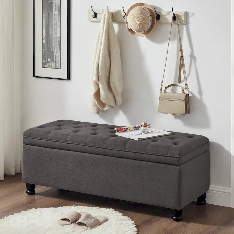 Upholstered Tufted Button Storage Bench with Spindle Wooden Legs 20