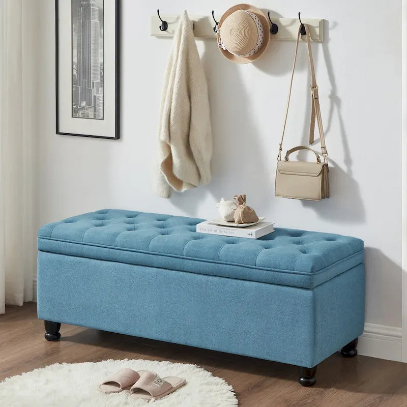Upholstered Tufted Button Storage Bench with Spindle Wooden Legs 32