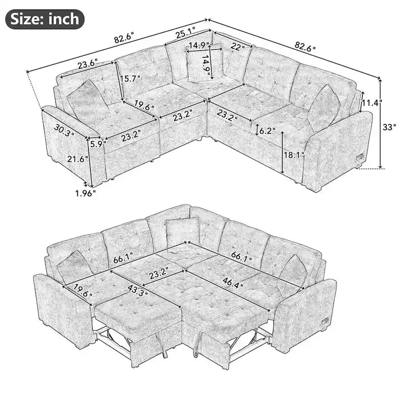 L-shape Pull-out Sleeper Sofa with Wheels, USB Ports and Power Sockets 3