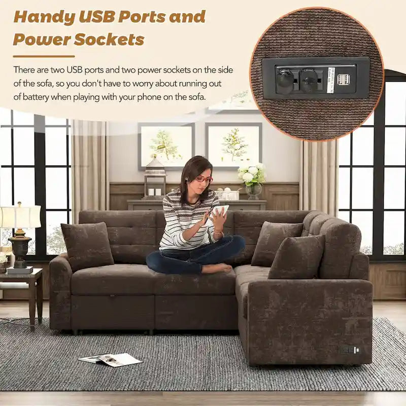 L-shape Pull-out Sleeper Sofa with Wheels, USB Ports and Power Sockets 6