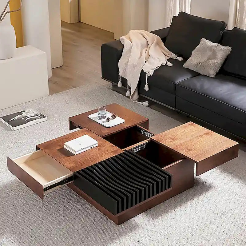 Mid-Century Modern Square Coffee Table Walnut Wood Finish Living Room Table 21