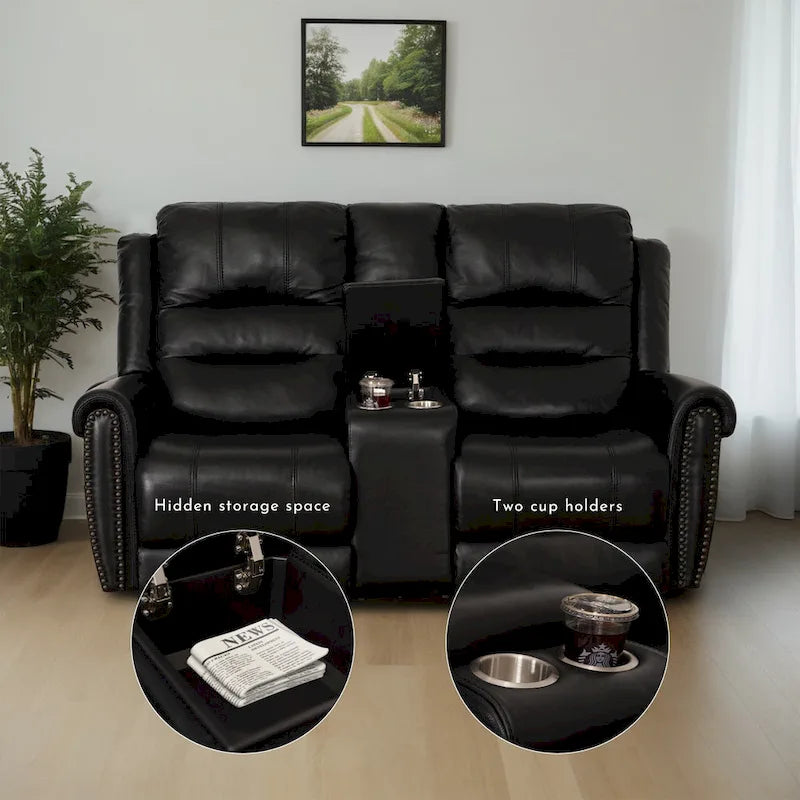 Genuine Leather Black Power Recliner Sofa, Loveseat, Recliner With Adjustable Headrest and Extendable Footrest 3