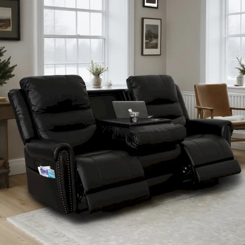 Genuine Leather Black Power Recliner Sofa, Loveseat, Recliner With Adjustable Headrest and Extendable Footrest 6