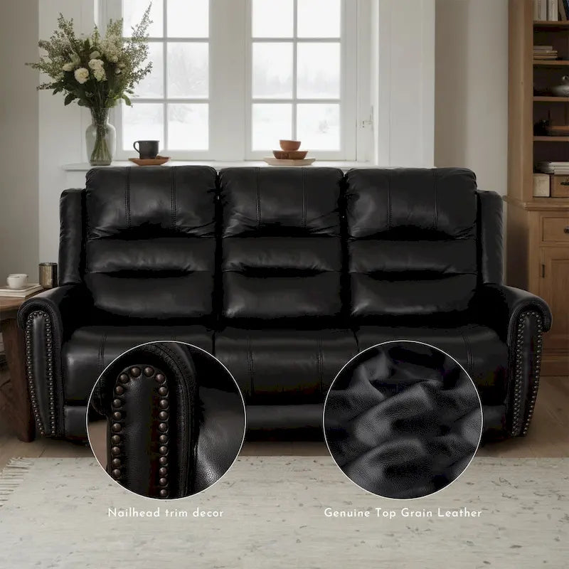 Genuine Leather Black Power Recliner Sofa, Loveseat, Recliner With Adjustable Headrest and Extendable Footrest 7