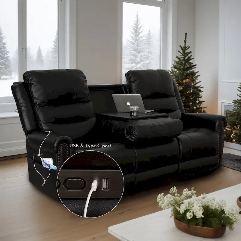 Genuine Leather Black Power Recliner Sofa, Loveseat, Recliner With Adjustable Headrest and Extendable Footrest 10