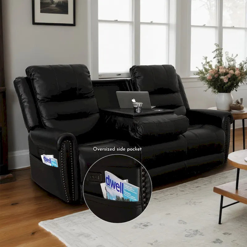 Genuine Leather Black Power Recliner Sofa, Loveseat, Recliner With Adjustable Headrest and Extendable Footrest 11