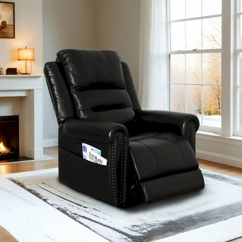 Genuine Leather Black Power Recliner Sofa, Loveseat, Recliner With Adjustable Headrest and Extendable Footrest 14