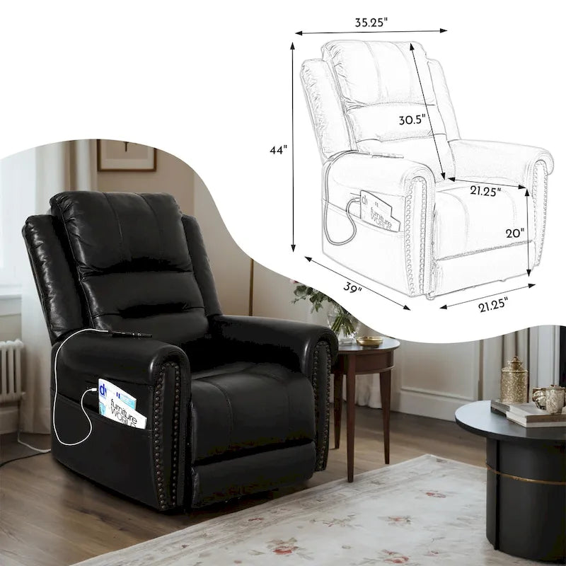 Genuine Leather Black Power Recliner Sofa, Loveseat, Recliner With Adjustable Headrest and Extendable Footrest 18